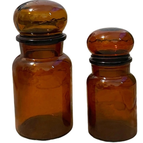 Set Of 2 Vintage Amber Glass Apothecary Jars With Ball Lids Made In Belgium